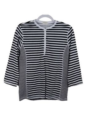 Melrose Chic Black White Striped 3/4 Button Front Elbow Long Sleeve Pull…